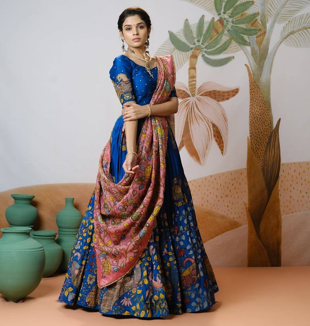 Calviarc Neel Kalamkari – Printed Chinon Lehenga Set with Dupatta