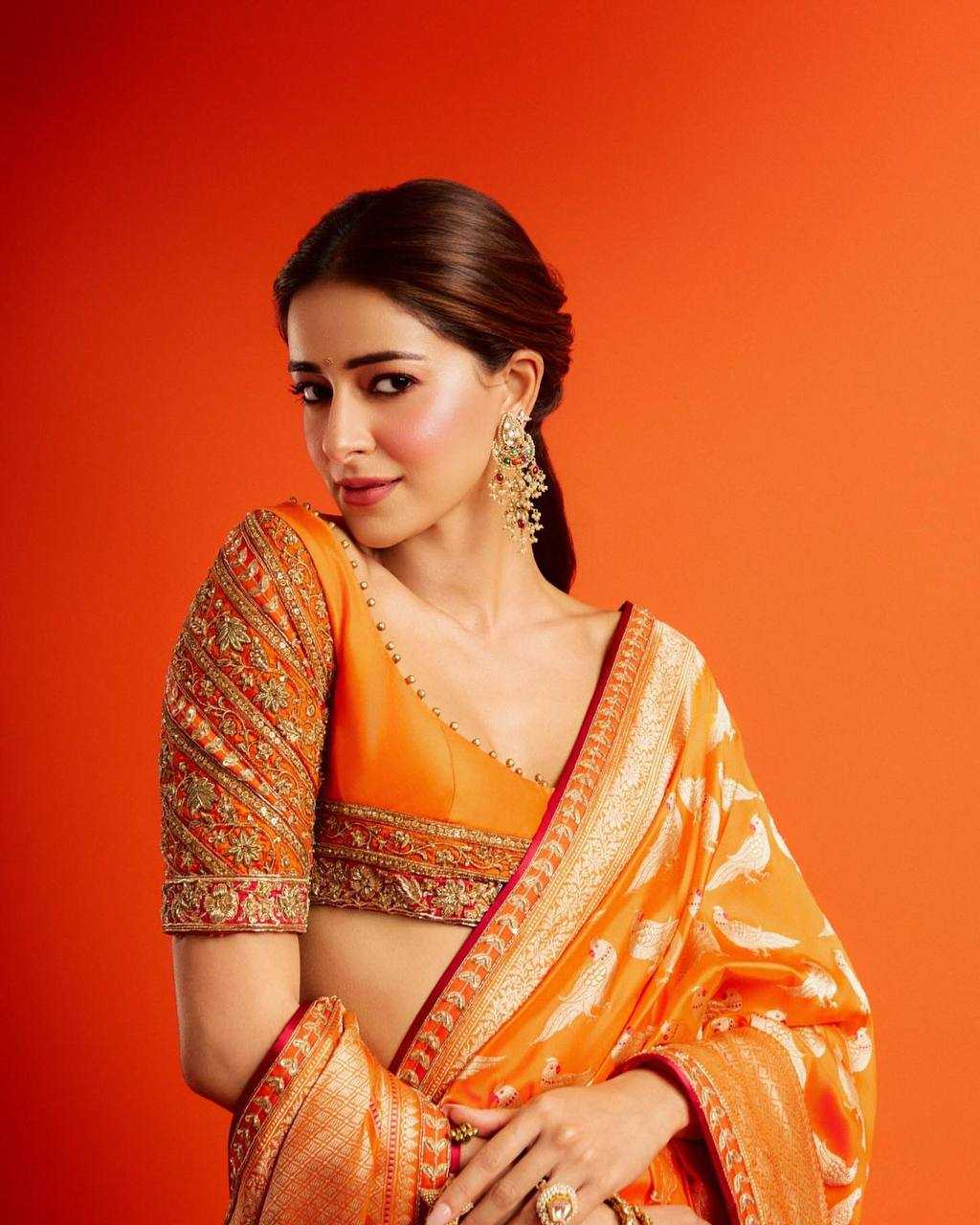 Valmoti Ready-to-Wear Soft Silk Saree in Marigold Orange with Woven Motifs