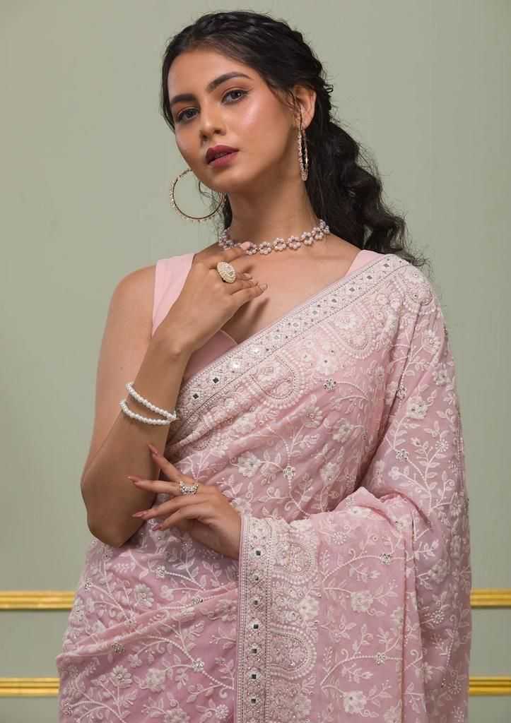 Calviarc Rosé Firozi Ready-to-Wear Faux Georgette Saree with Heavy Hand Embroidery