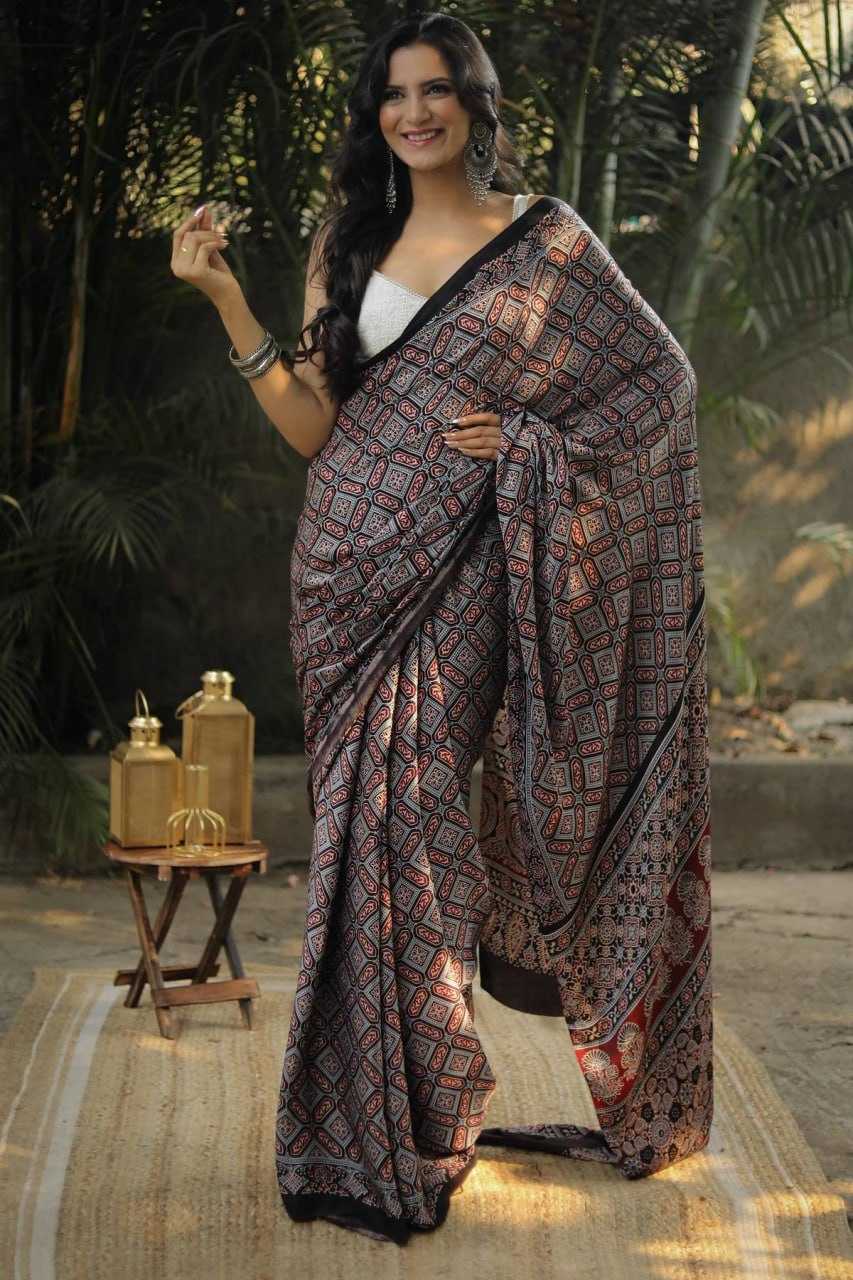 Calviarc Noir Ajrakh Ready-to-Wear Semi Gajji Silk Saree