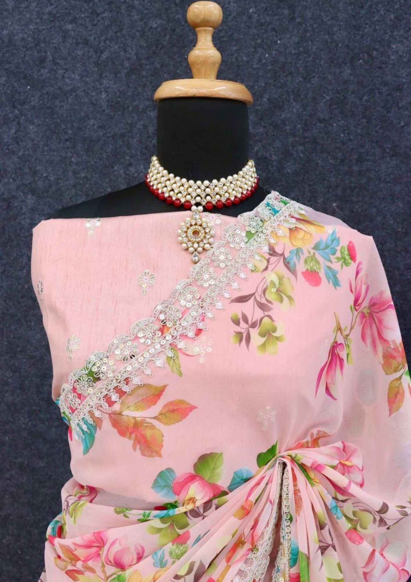 White Floral-2 Pure Georgette Chiffon Saree with Cutwork Border