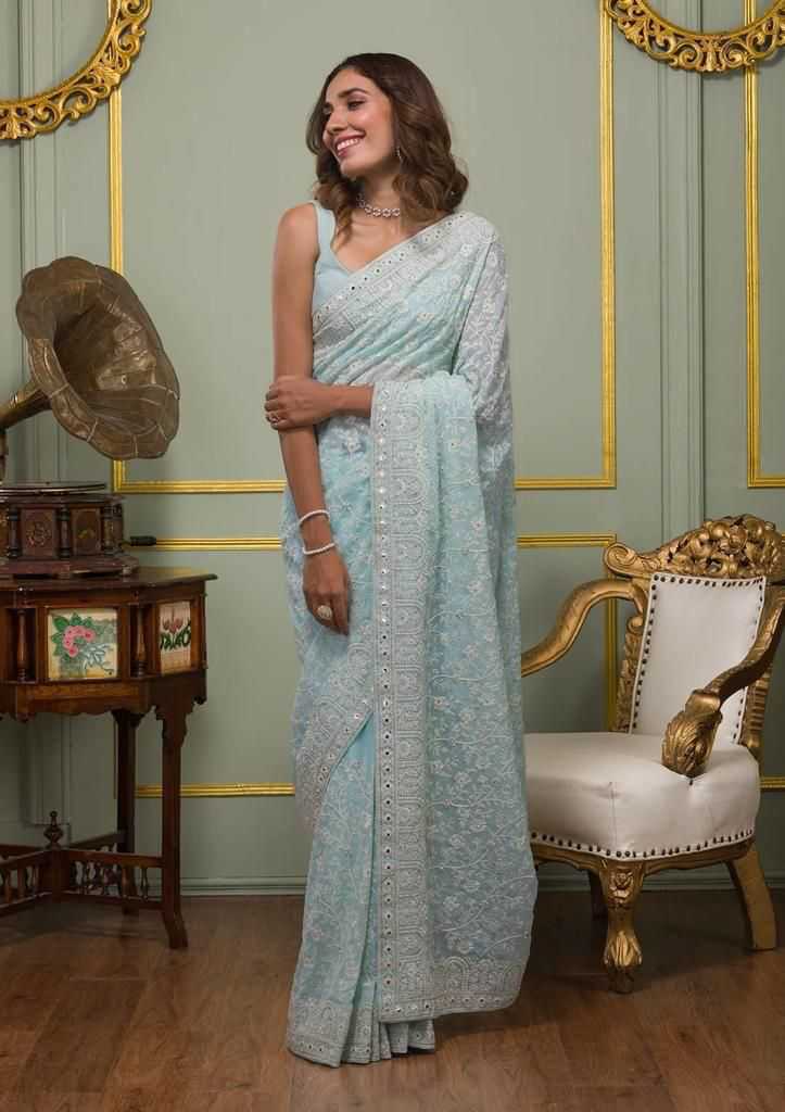 Calviarc Rosé Firozi Ready-to-Wear Faux Georgette Saree with Heavy Hand Embroidery