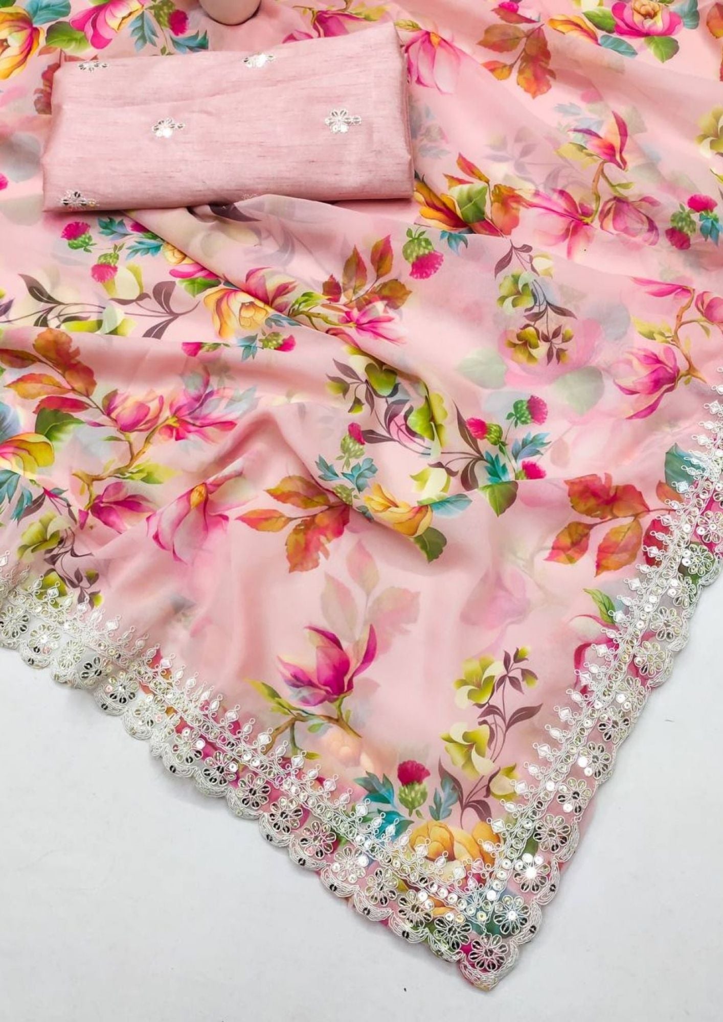 White Floral-2 Pure Georgette Chiffon Saree with Cutwork Border