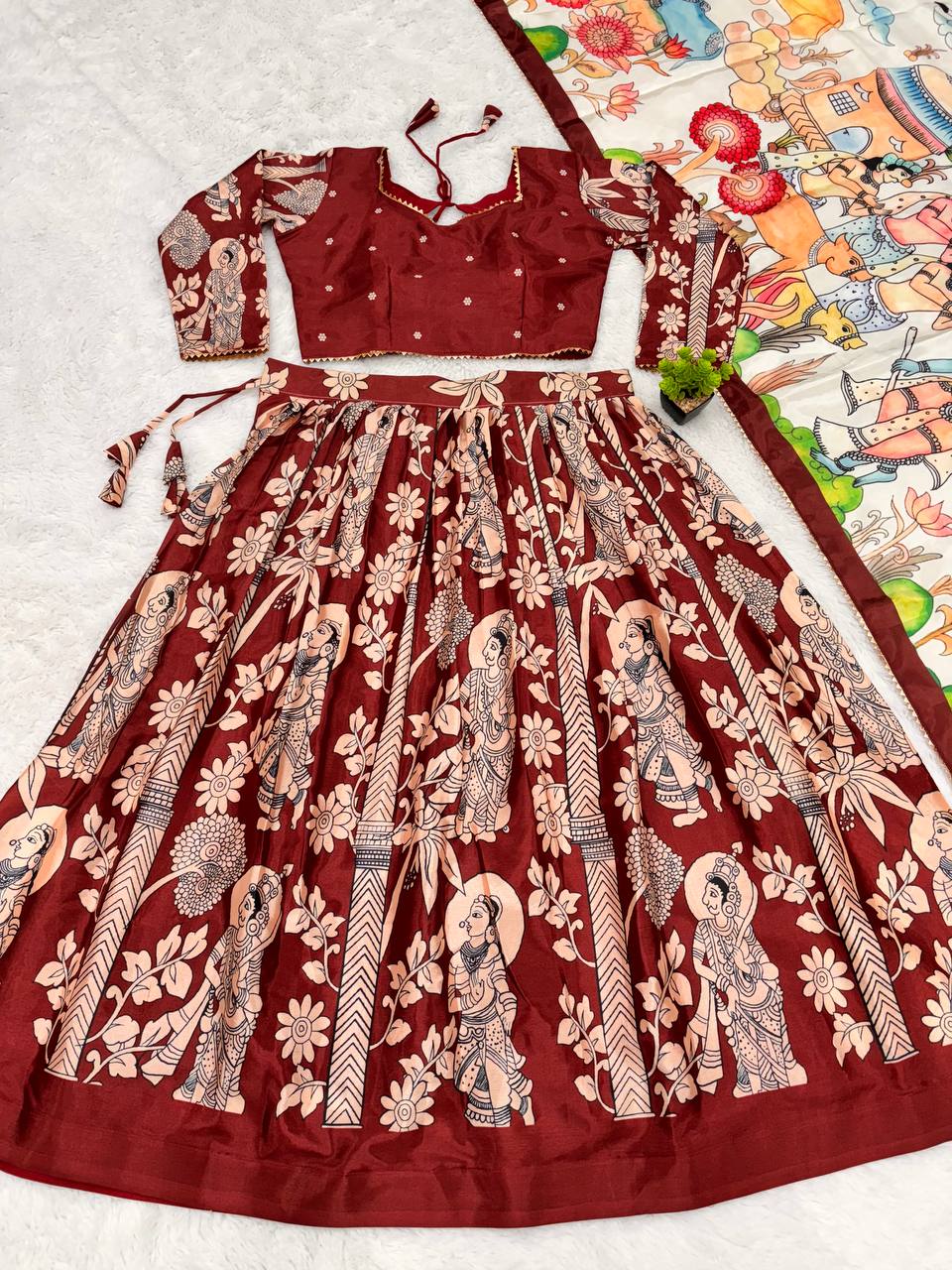 Calviarc Nritya Rasa – Kalamkari Chinon Lehenga Set (Maroon)