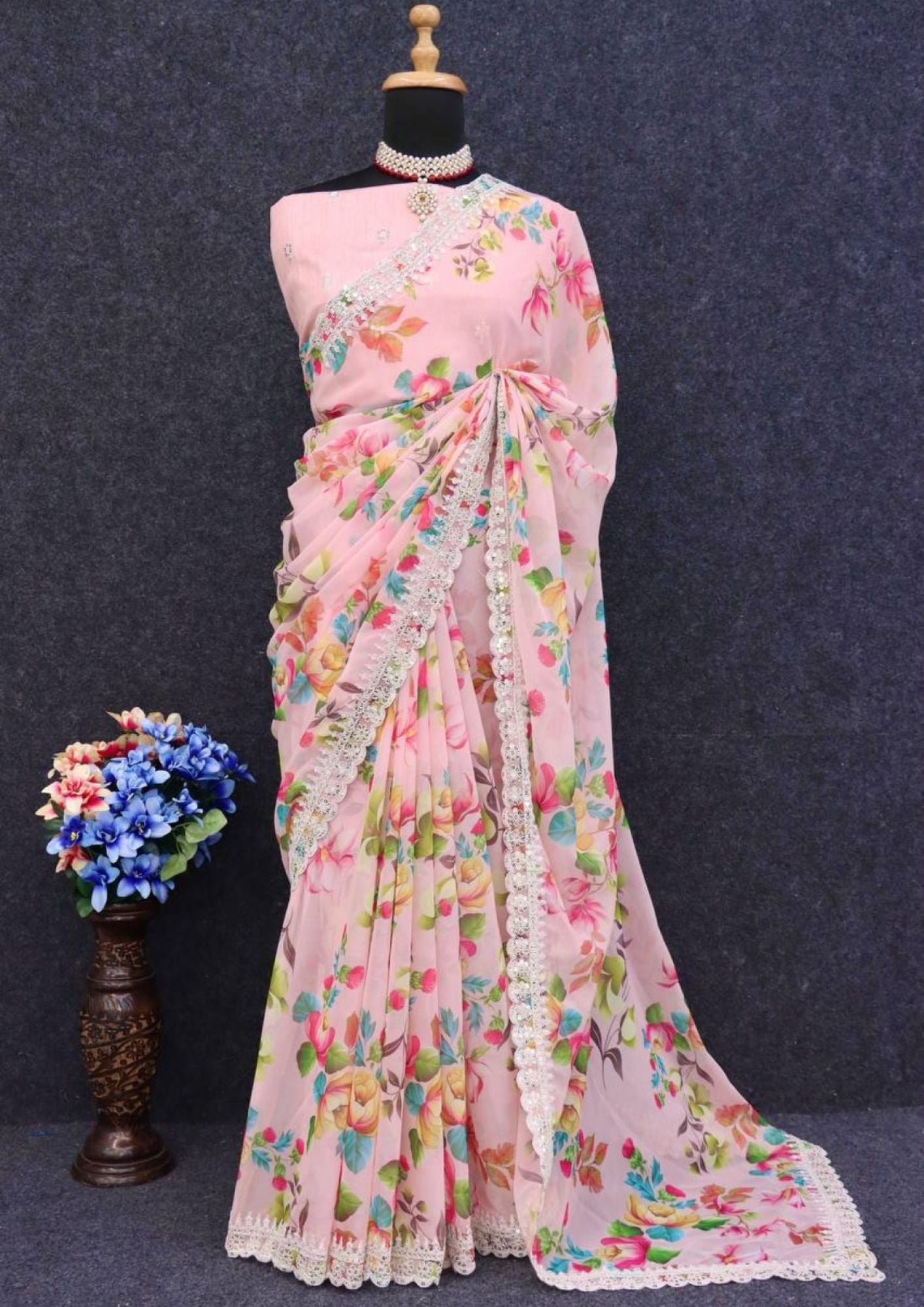 White Floral-2 Pure Georgette Chiffon Saree with Cutwork Border