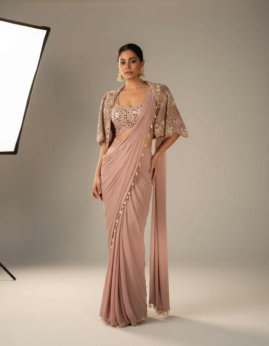 Calviarc Blush Aura – Ready-to-Wear Crepe Silk Saree with Embroidered Jacket