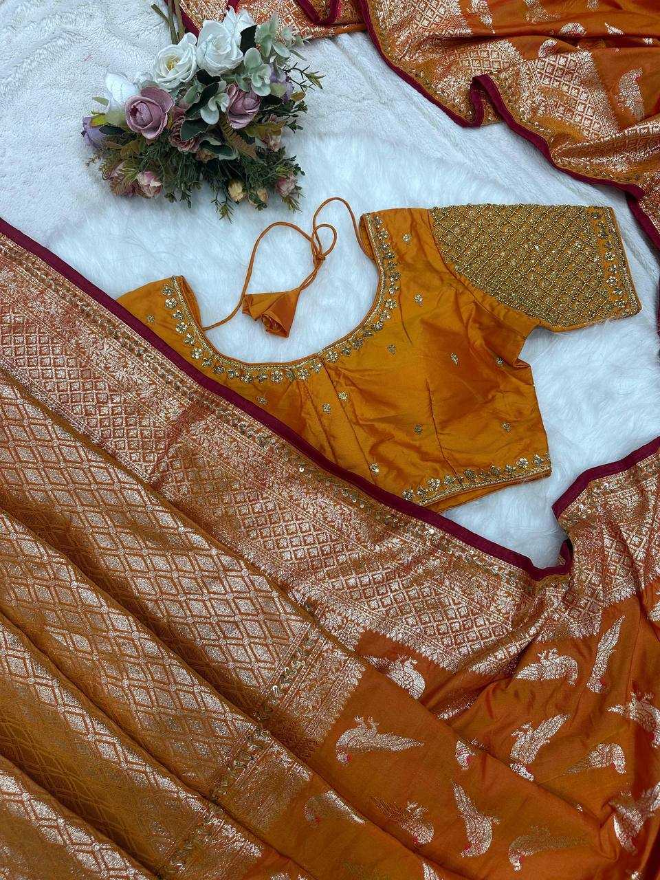 Valmoti Ready-to-Wear Soft Silk Saree in Marigold Orange with Woven Motifs