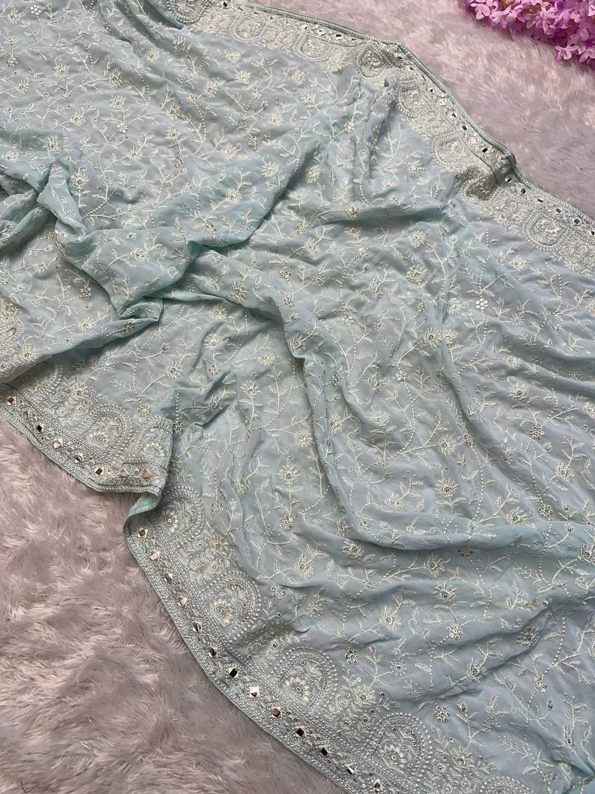 Calviarc Rosé Firozi Ready-to-Wear Faux Georgette Saree with Heavy Hand Embroidery