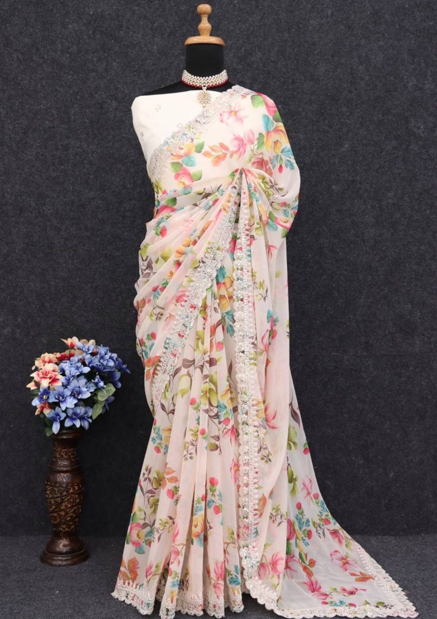 White Floral-2 Pure Georgette Chiffon Saree with Cutwork Border