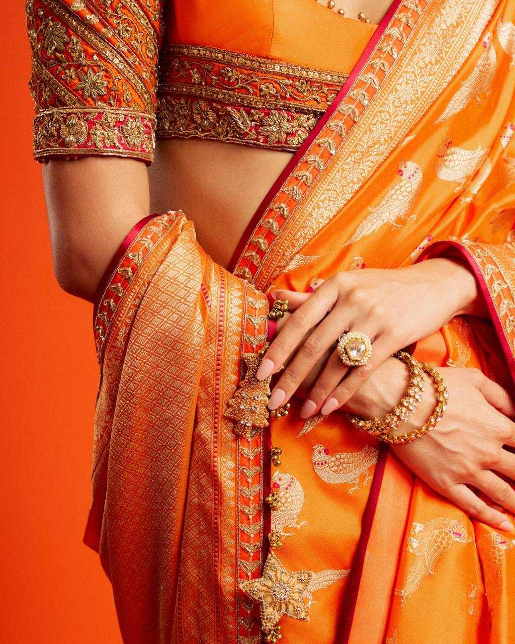 Valmoti Ready-to-Wear Soft Silk Saree in Marigold Orange with Woven Motifs