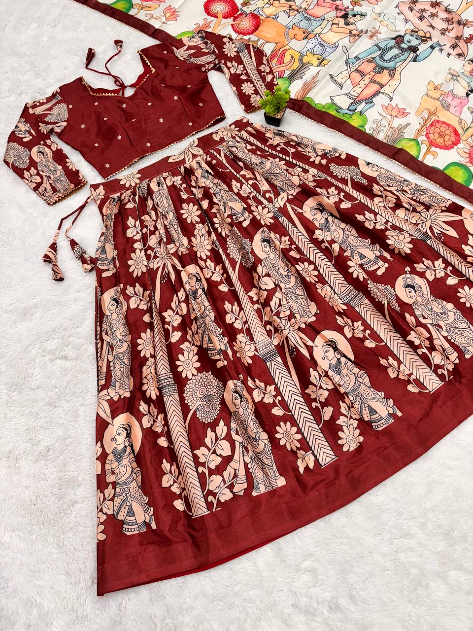 Calviarc Nritya Rasa – Kalamkari Chinon Lehenga Set (Maroon)
