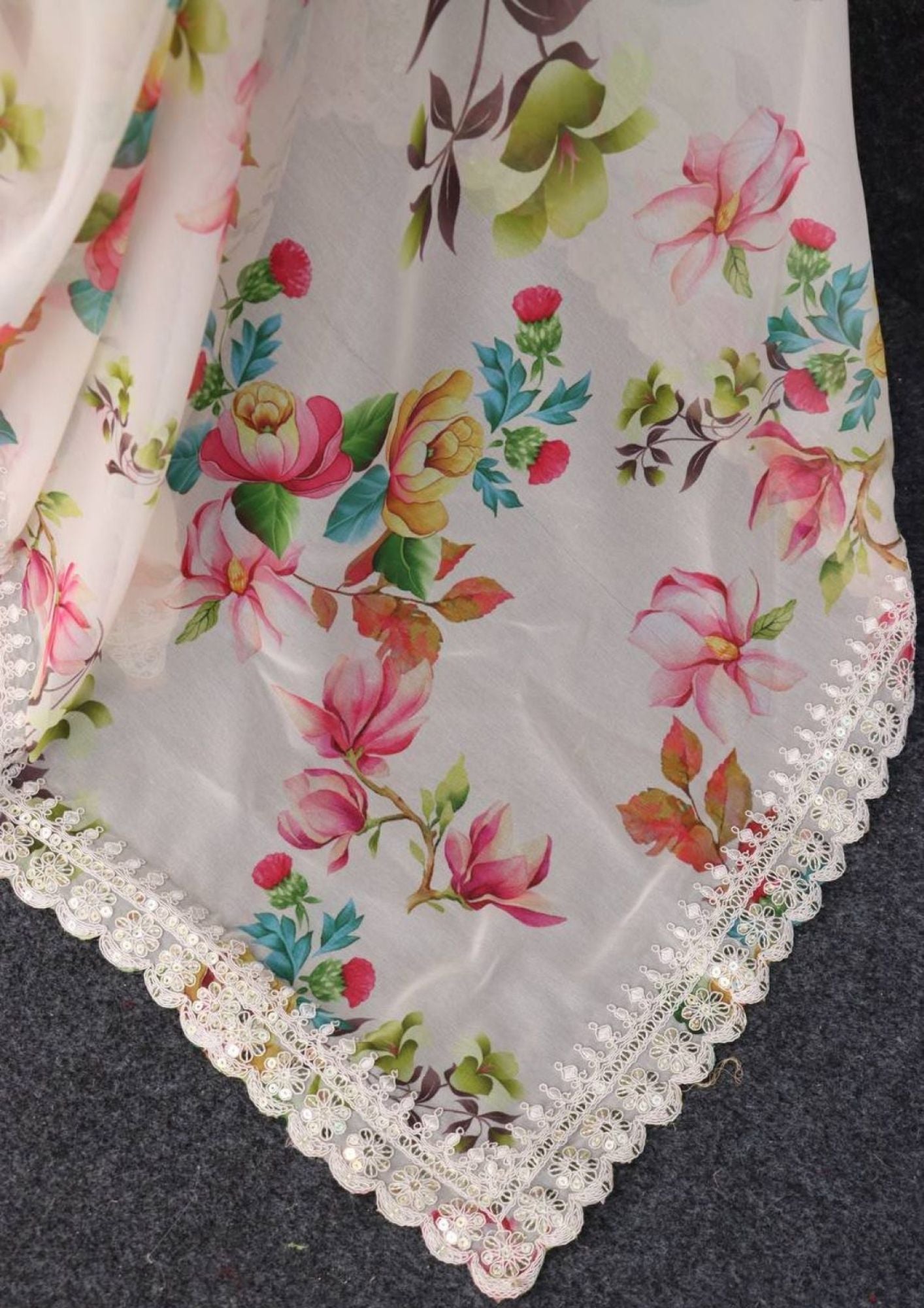 White Floral-2 Pure Georgette Chiffon Saree with Cutwork Border