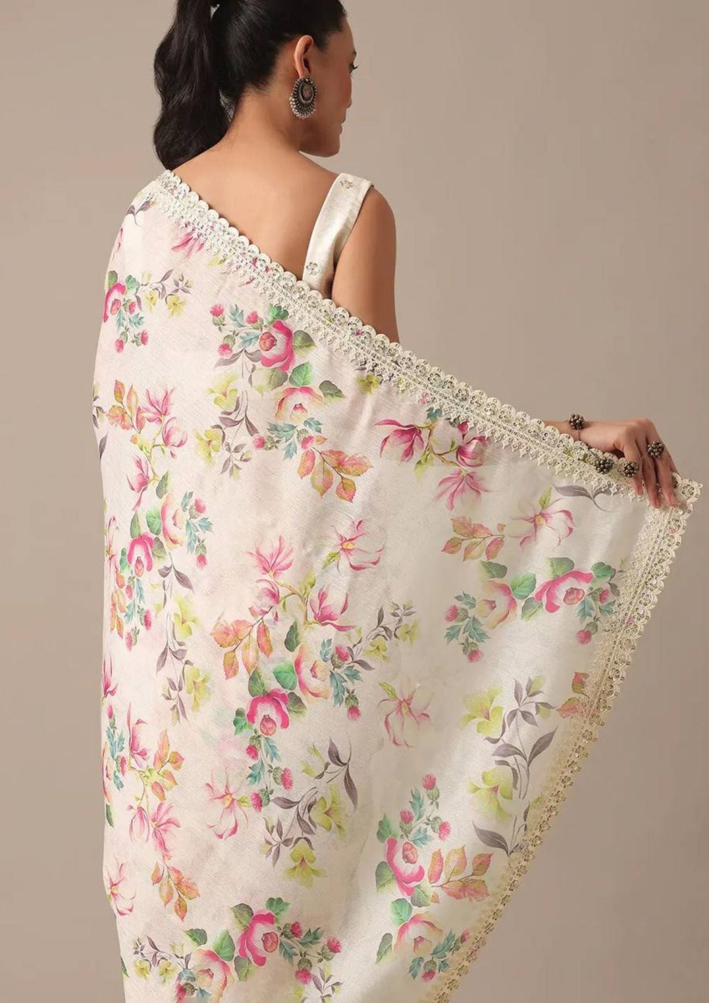 White Floral-2 Pure Georgette Chiffon Saree with Cutwork Border