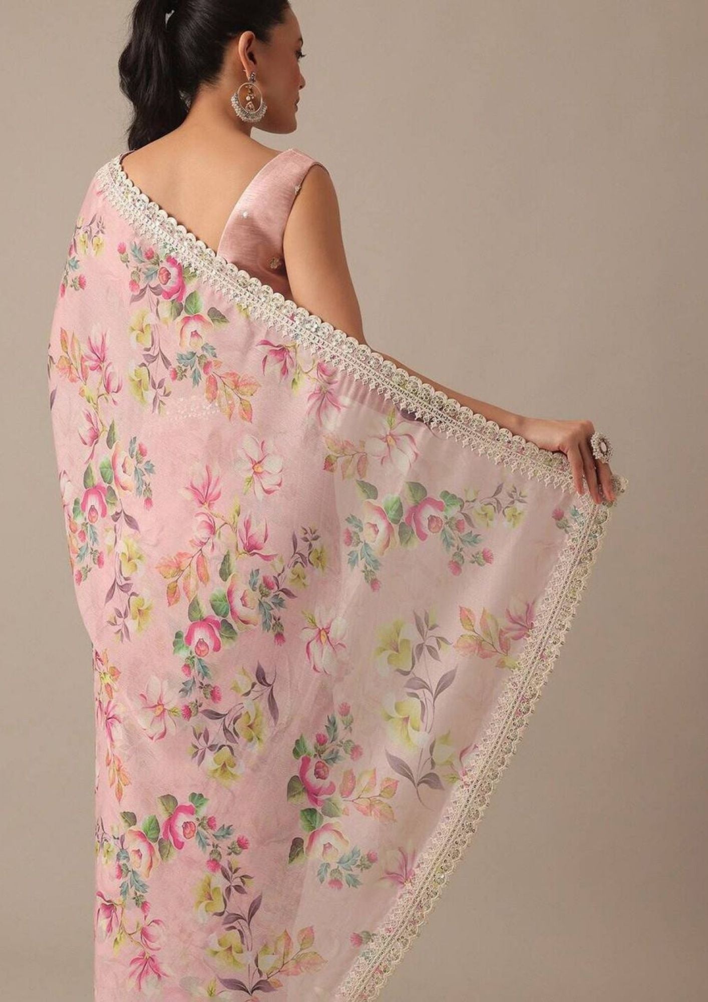 White Floral-2 Pure Georgette Chiffon Saree with Cutwork Border