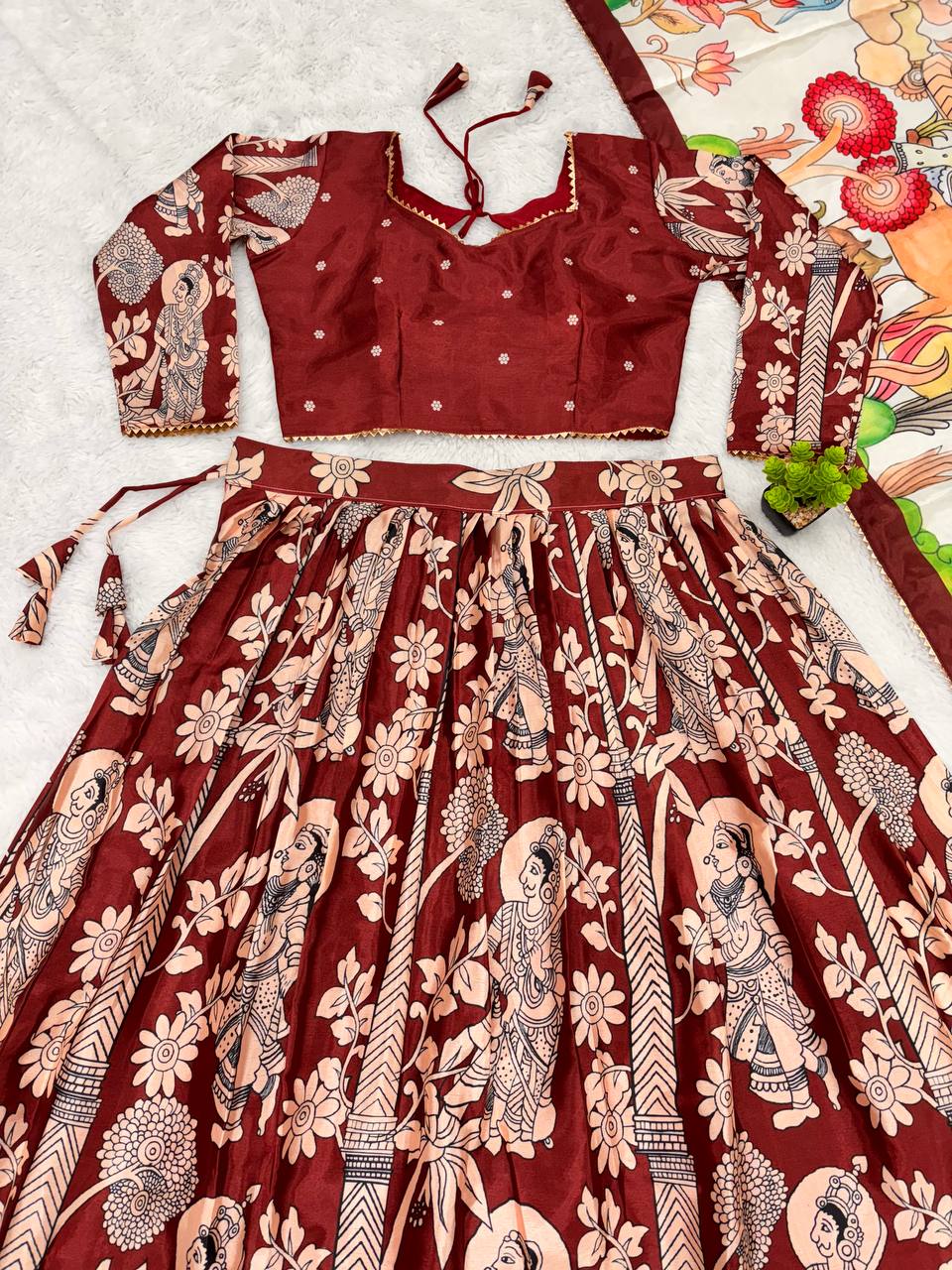 Calviarc Nritya Rasa – Kalamkari Chinon Lehenga Set (Maroon)