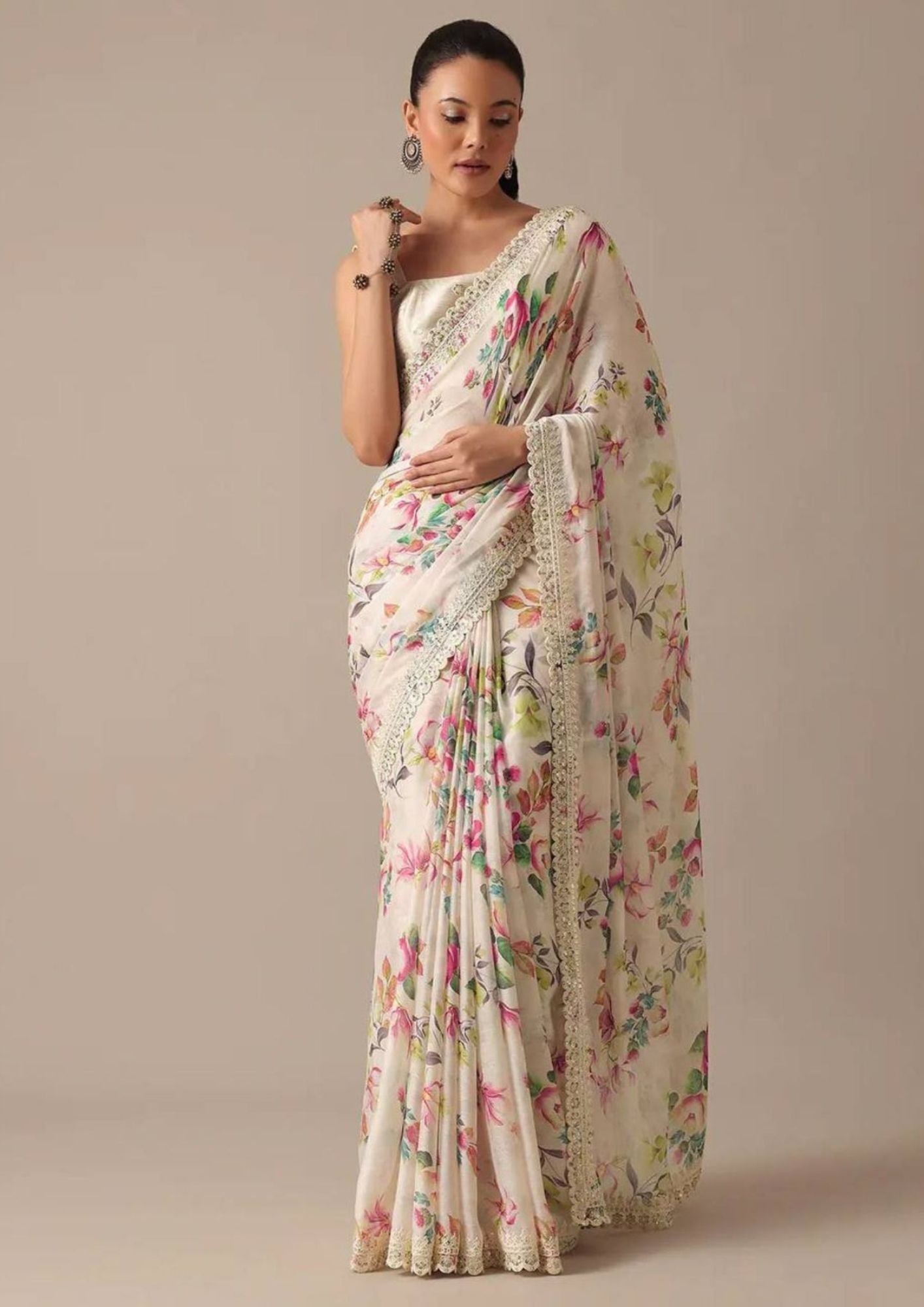 White Floral-2 Pure Georgette Chiffon Saree with Cutwork Border