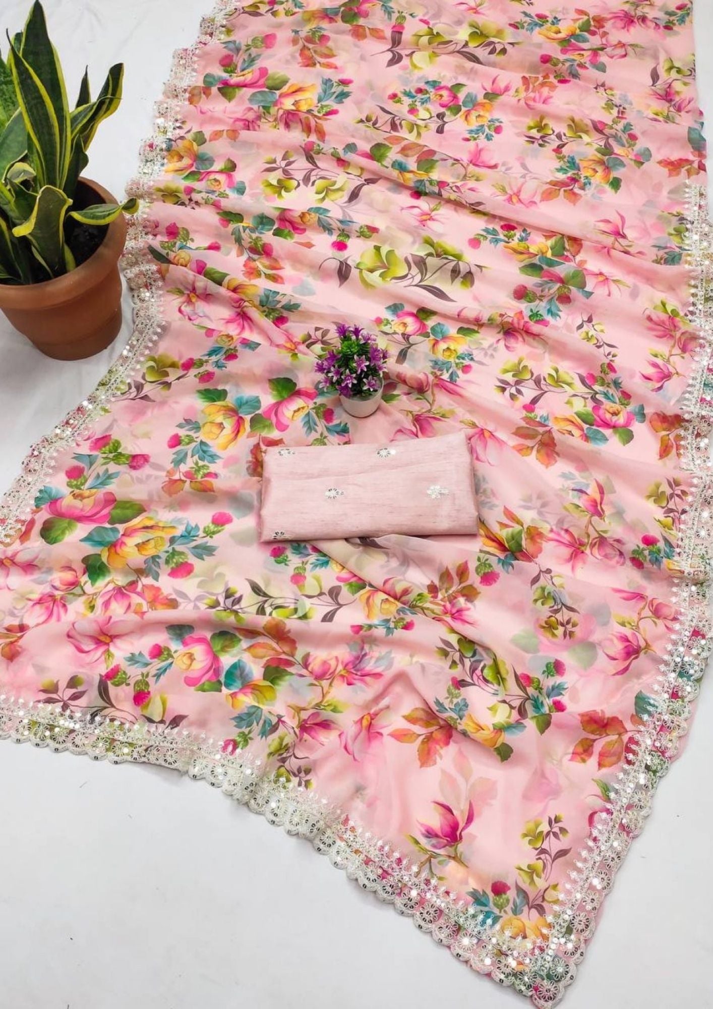 White Floral-2 Pure Georgette Chiffon Saree with Cutwork Border