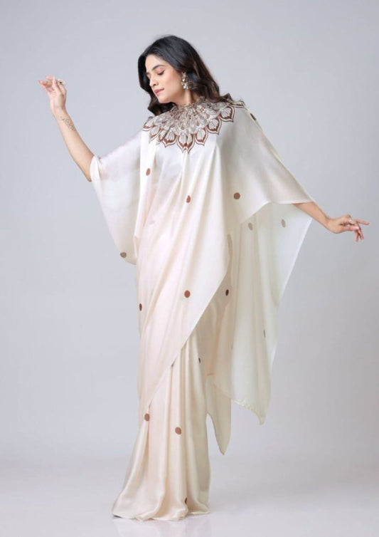 Ivory Aura – Ready-to-Wear Satin Georgette Saree with Peacock Motif
