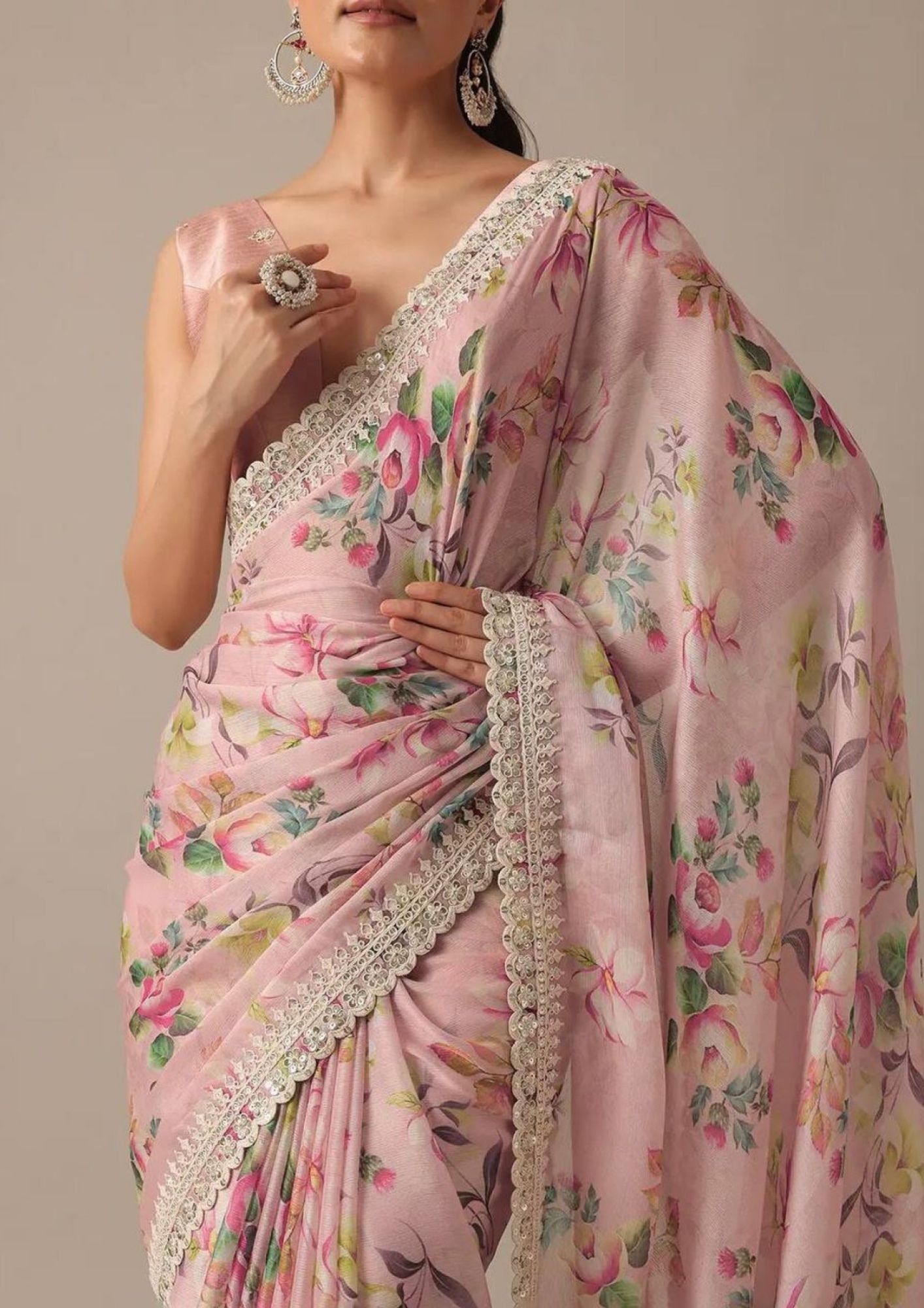 White Floral-2 Pure Georgette Chiffon Saree with Cutwork Border