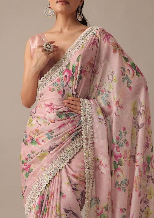 White Floral-2 Pure Georgette Chiffon Saree with Cutwork Border