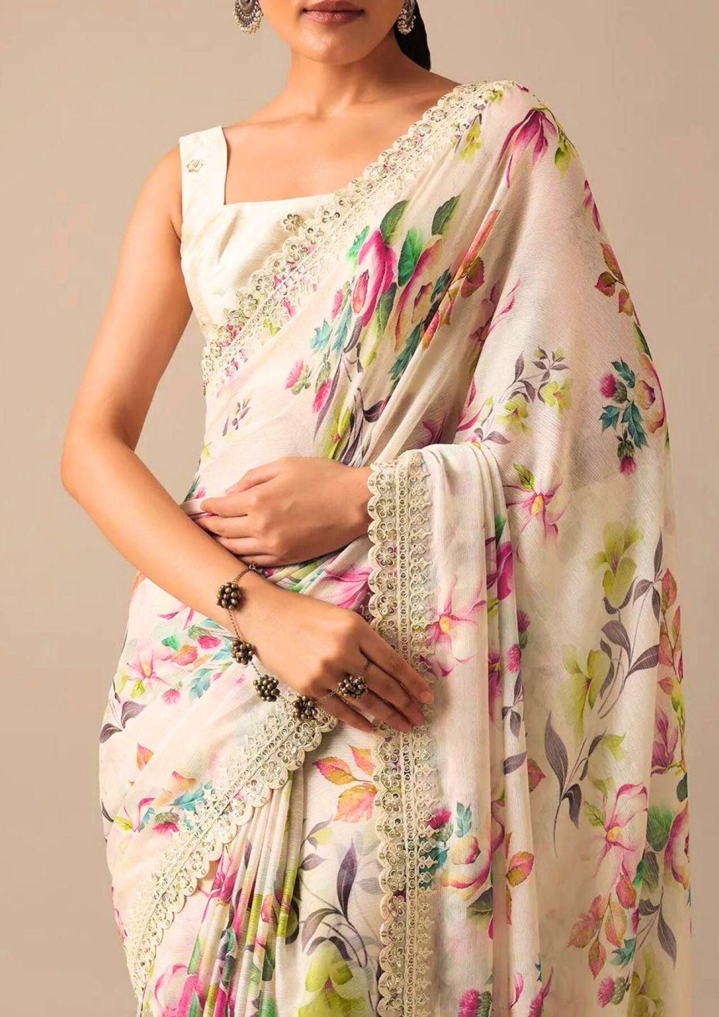 White Floral-2 Pure Georgette Chiffon Saree with Cutwork Border