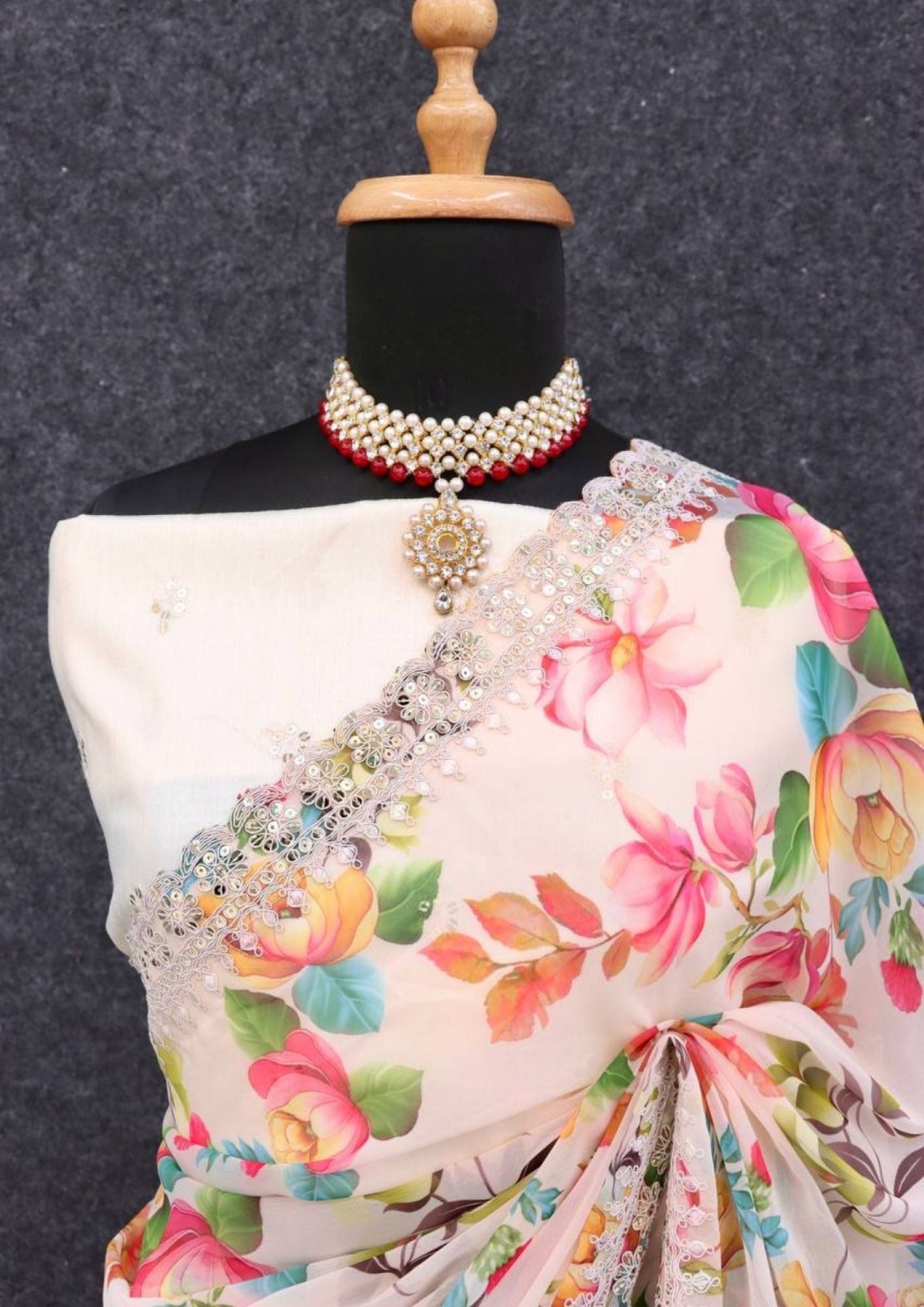 White Floral-2 Pure Georgette Chiffon Saree with Cutwork Border