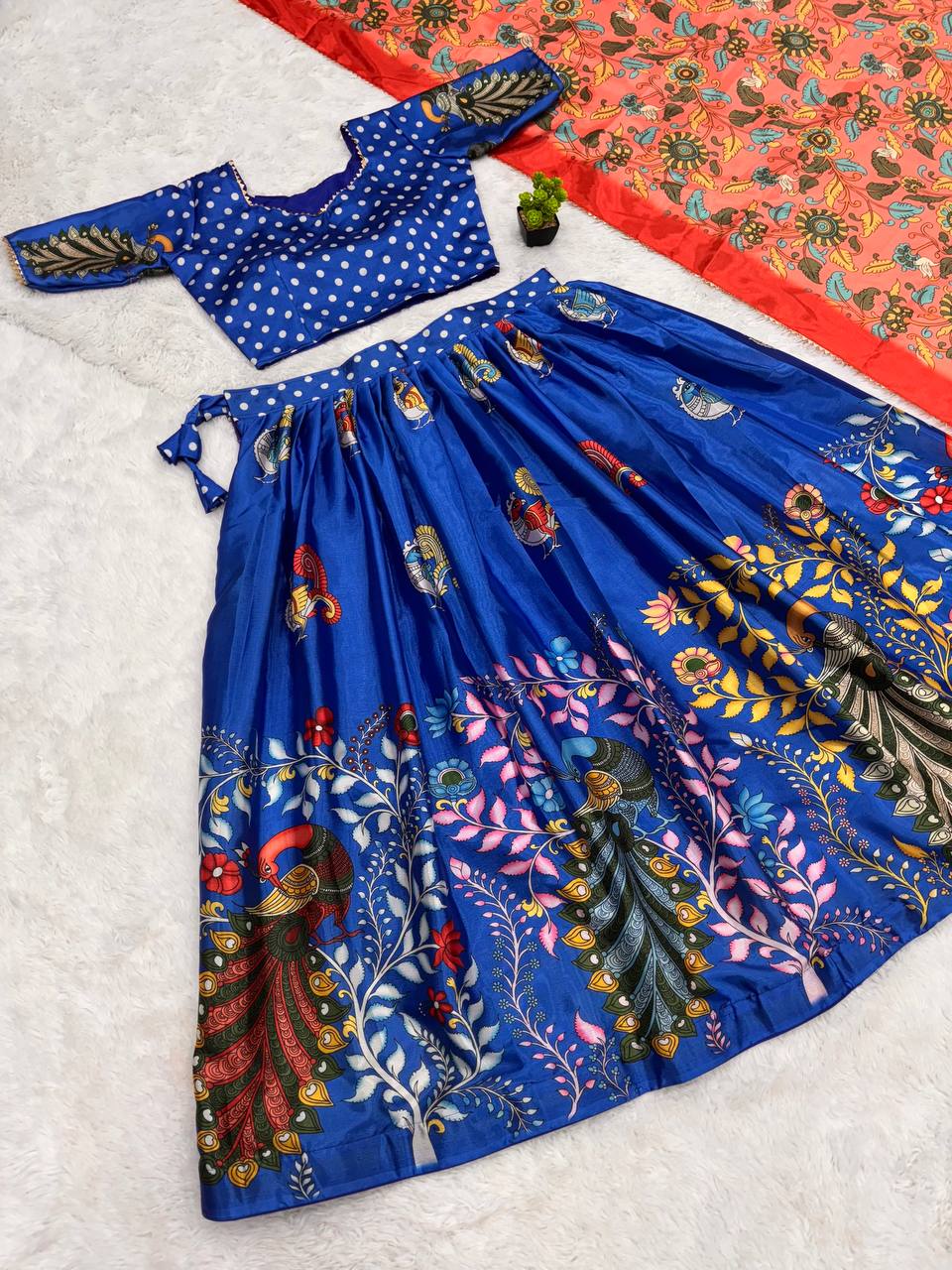 Calviarc Neel Kalamkari – Printed Chinon Lehenga Set with Dupatta