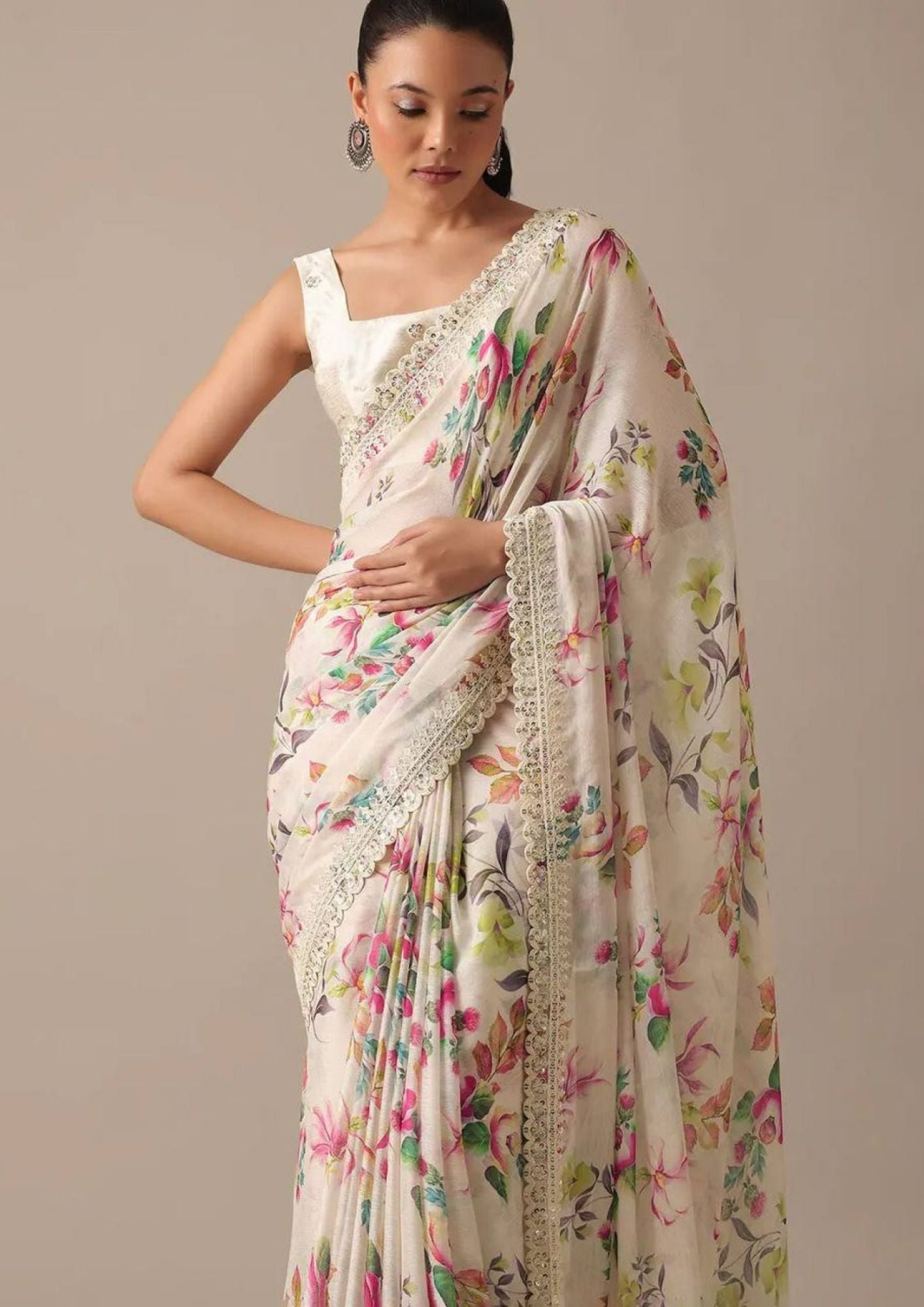 White Floral-2 Pure Georgette Chiffon Saree with Cutwork Border