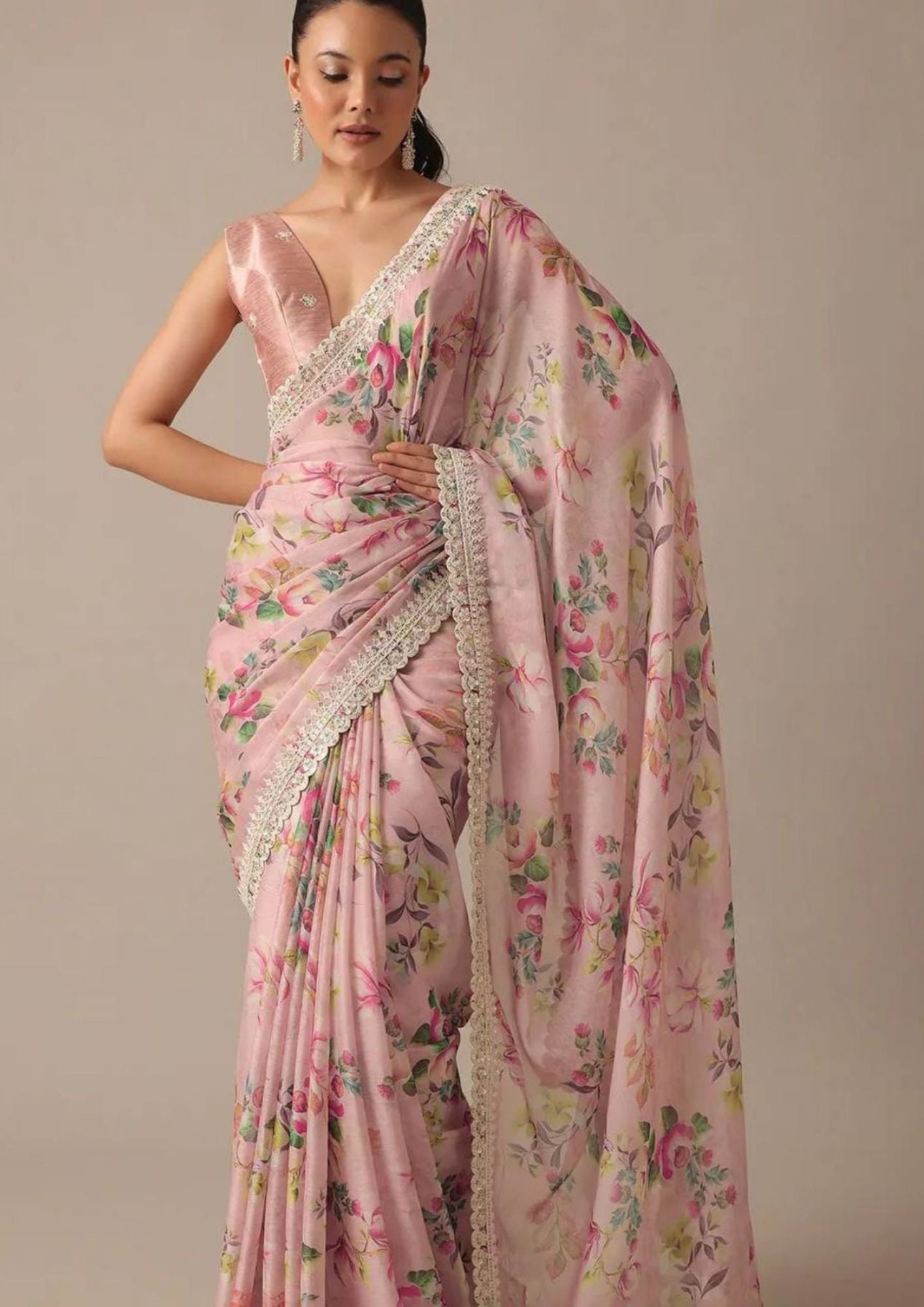 White Floral-2 Pure Georgette Chiffon Saree with Cutwork Border