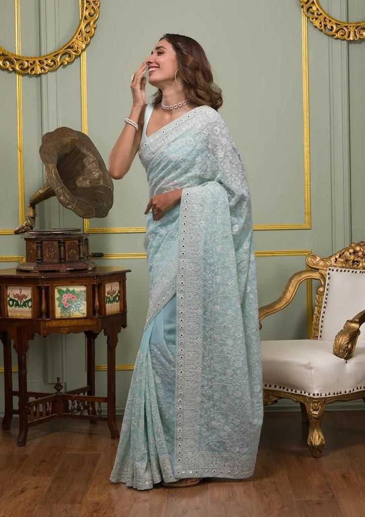Calviarc Rosé Firozi Ready-to-Wear Faux Georgette Saree with Heavy Hand Embroidery