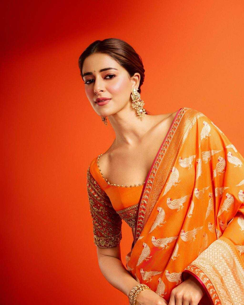 Valmoti Ready-to-Wear Soft Silk Saree in Marigold Orange with Woven Motifs