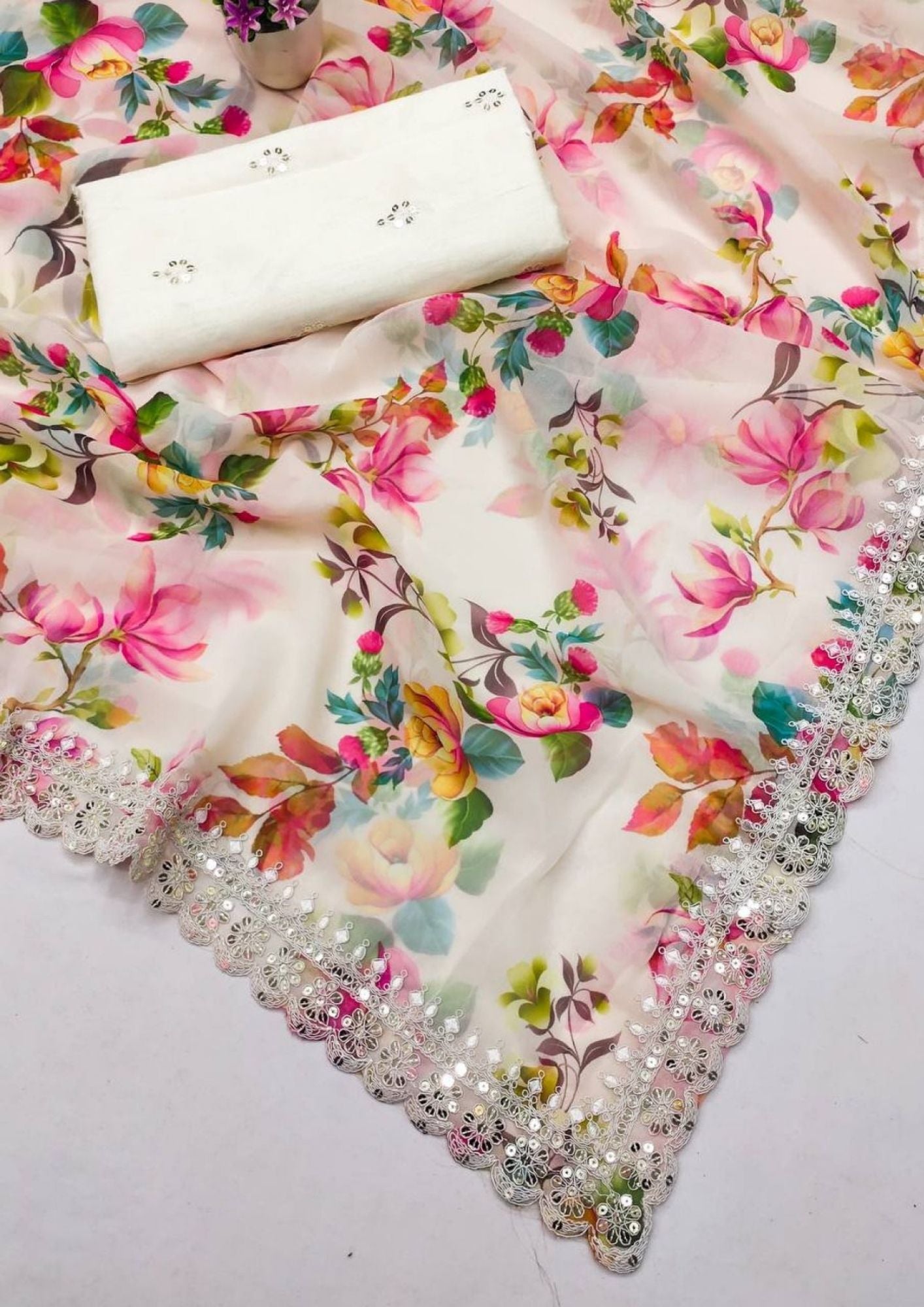 White Floral-2 Pure Georgette Chiffon Saree with Cutwork Border