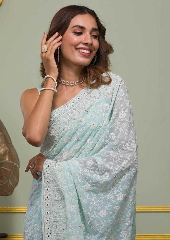 Calviarc Rosé Firozi Ready-to-Wear Faux Georgette Saree with Heavy Hand Embroidery