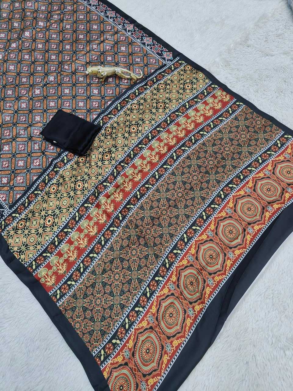 Calviarc Noir Ajrakh Ready-to-Wear Semi Gajji Silk Saree