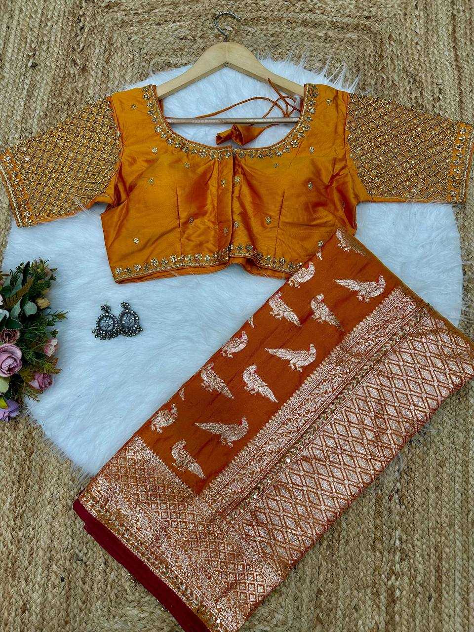 Valmoti Ready-to-Wear Soft Silk Saree in Marigold Orange with Woven Motifs