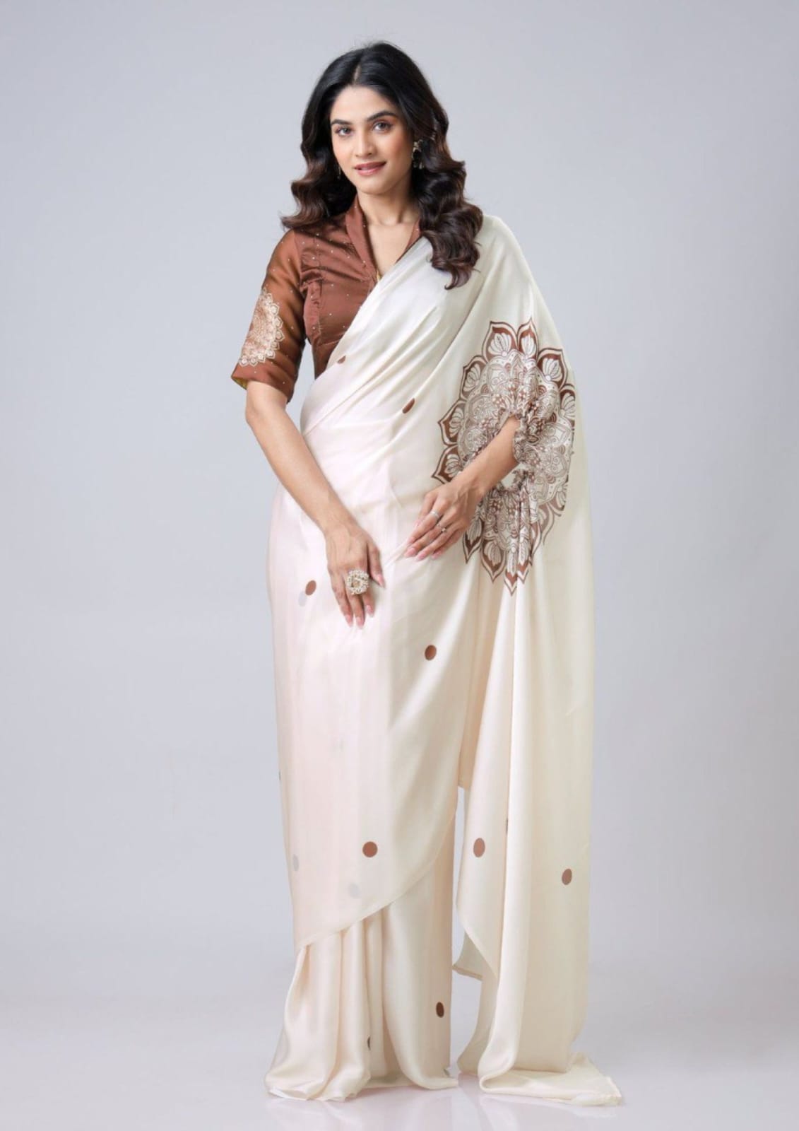Ivory Aura – Ready-to-Wear Satin Georgette Saree with Peacock Motif