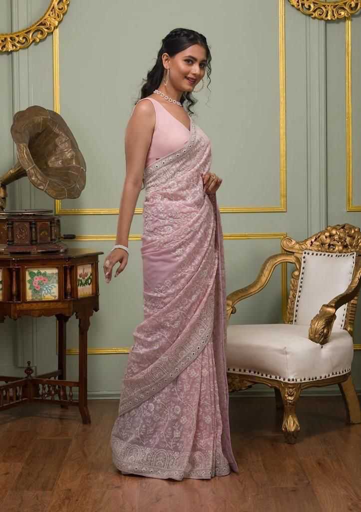 Calviarc Rosé Firozi Ready-to-Wear Faux Georgette Saree with Heavy Hand Embroidery