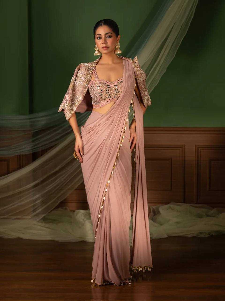 Calviarc Blush Aura – Ready-to-Wear Crepe Silk Saree with Embroidered Jacket