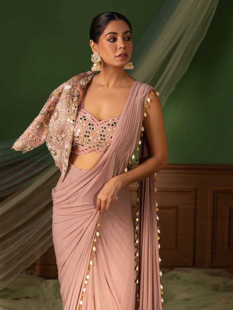 Calviarc Blush Aura – Ready-to-Wear Crepe Silk Saree with Embroidered Jacket