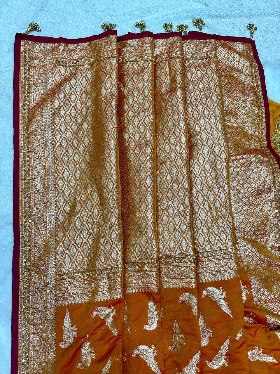 Valmoti Ready-to-Wear Soft Silk Saree in Marigold Orange with Woven Motifs