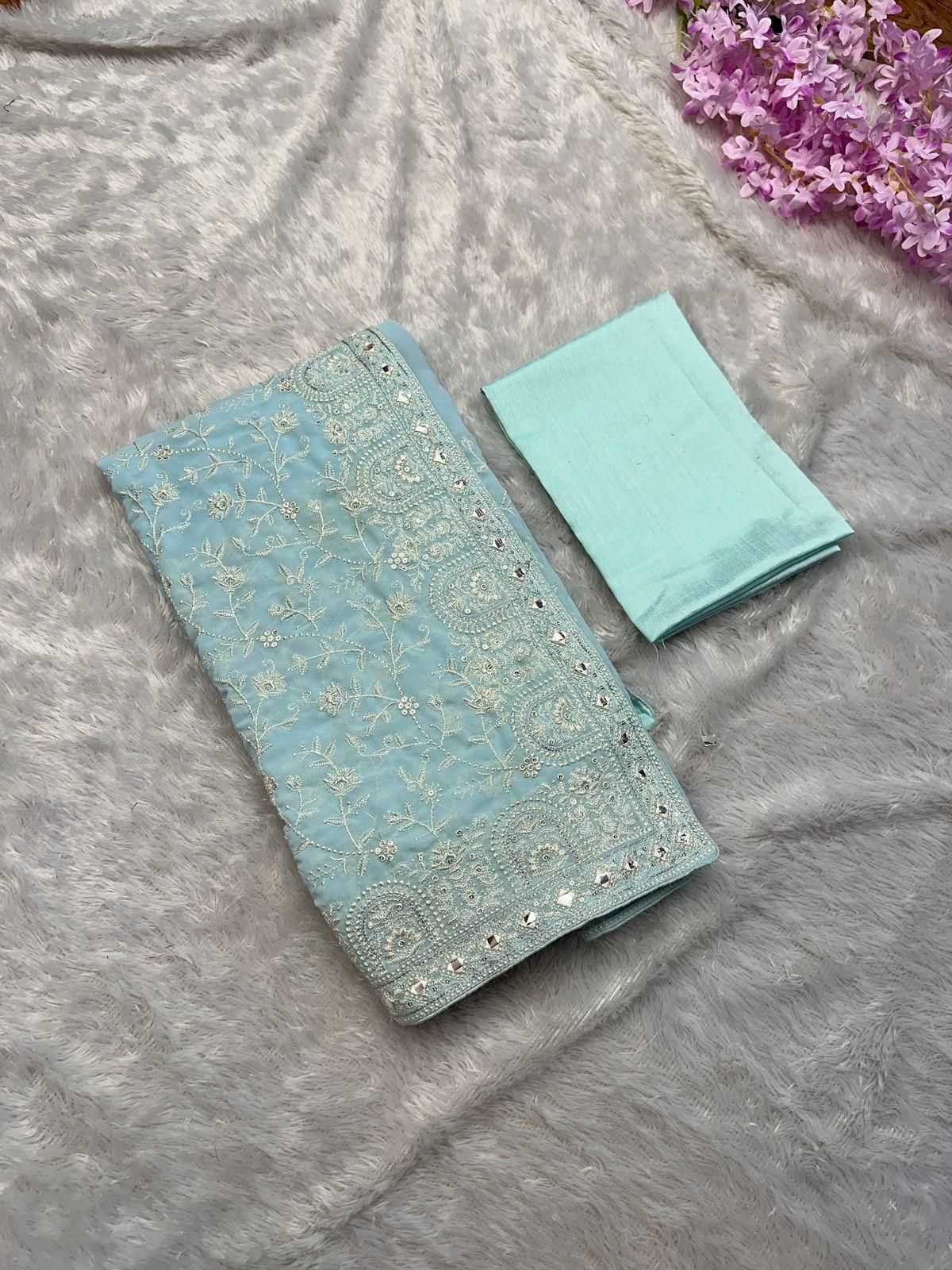 Calviarc Rosé Firozi Ready-to-Wear Faux Georgette Saree with Heavy Hand Embroidery