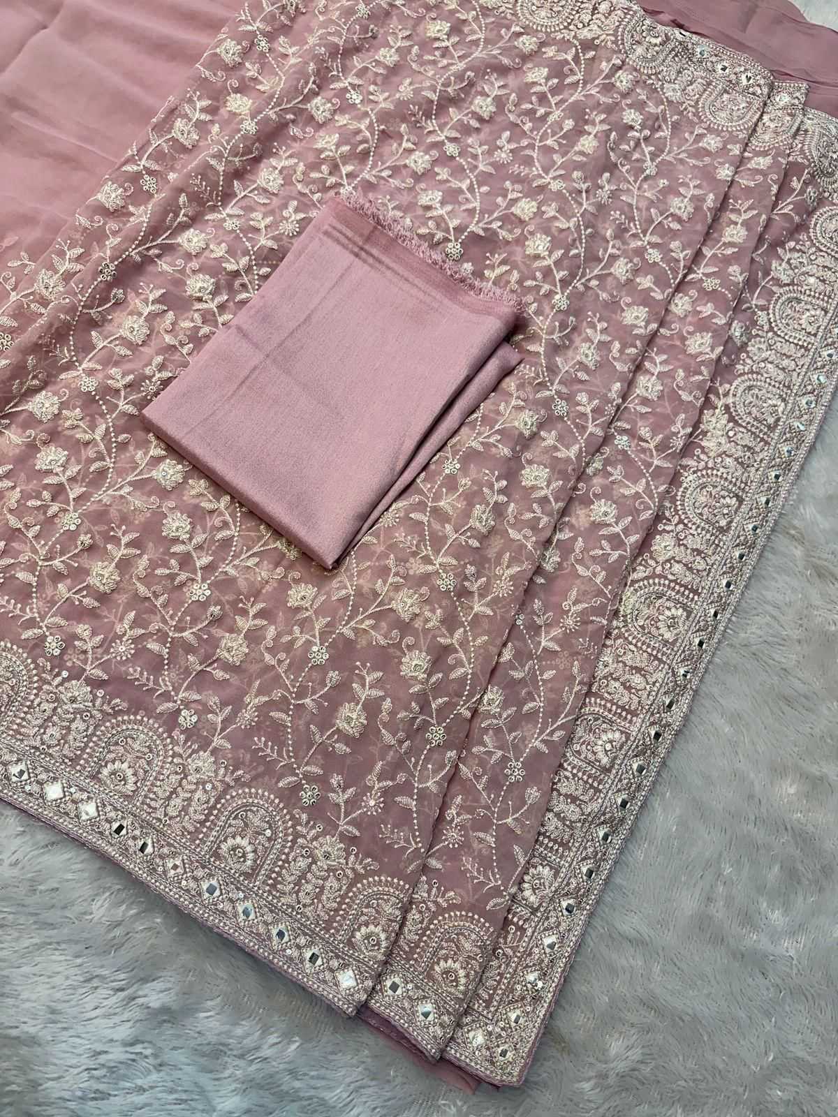 Calviarc Rosé Firozi Ready-to-Wear Faux Georgette Saree with Heavy Hand Embroidery