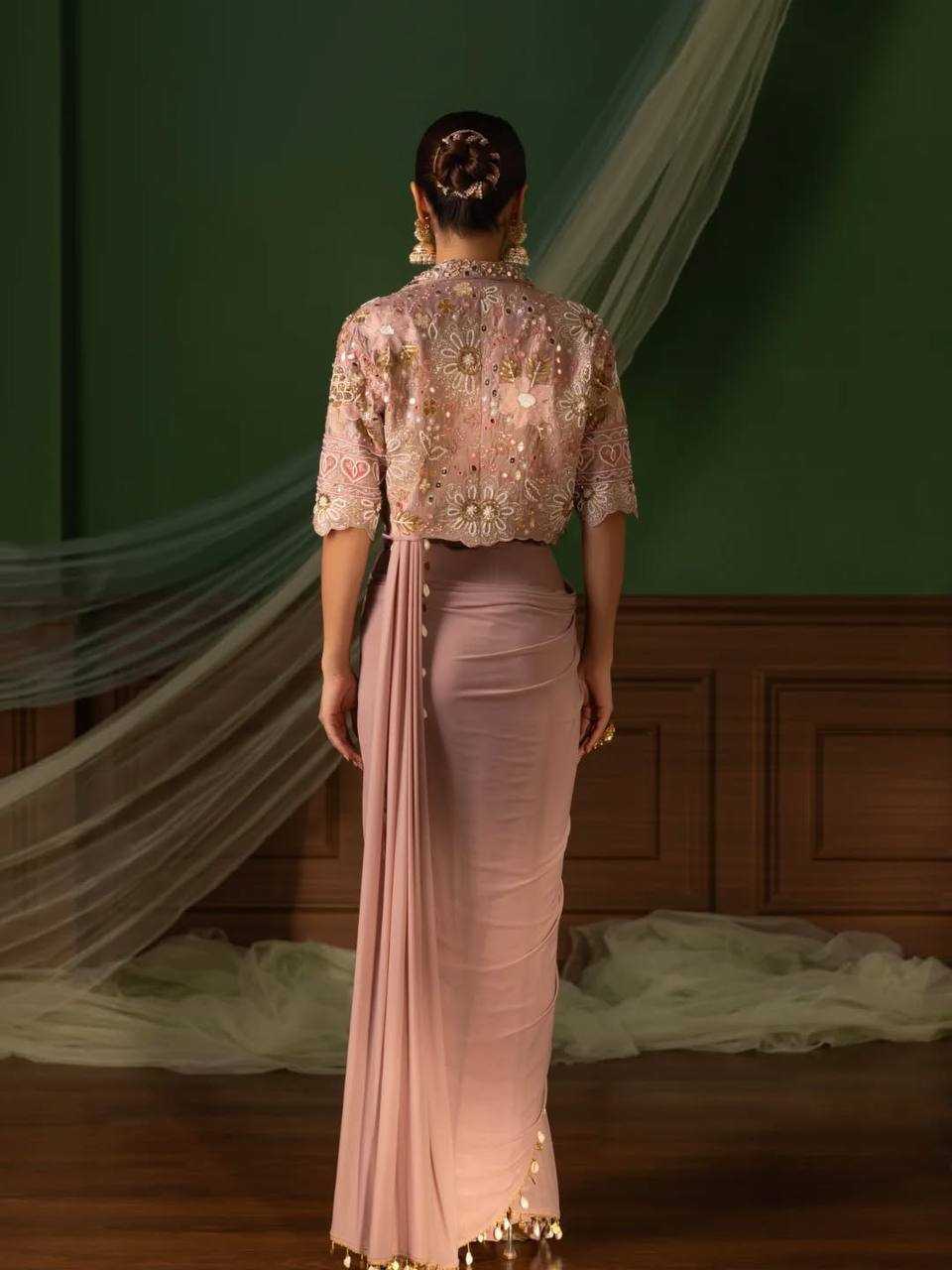 Calviarc Blush Aura – Ready-to-Wear Crepe Silk Saree with Embroidered Jacket