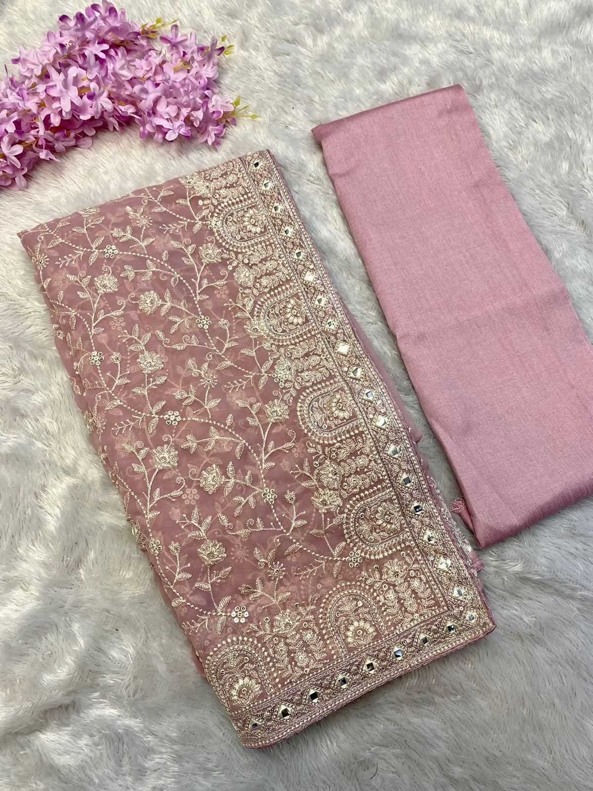 Calviarc Rosé Firozi Ready-to-Wear Faux Georgette Saree with Heavy Hand Embroidery