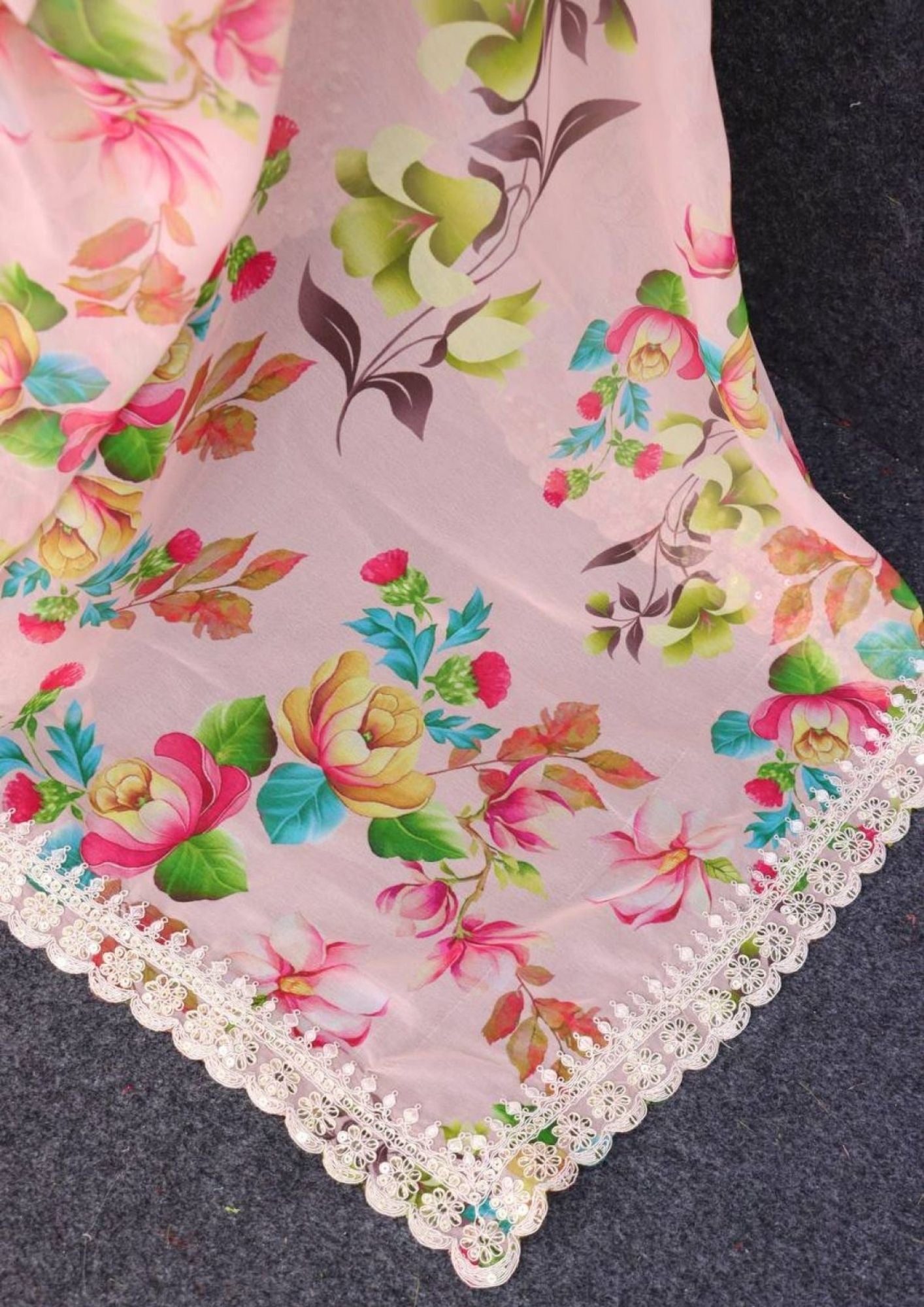 White Floral-2 Pure Georgette Chiffon Saree with Cutwork Border