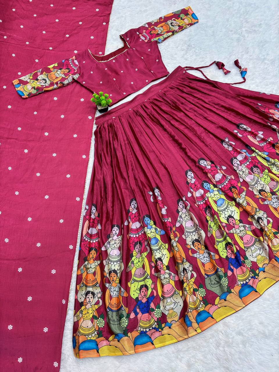 Calviarc Nritya Rasa – Kalamkari Chinon Lehenga Set