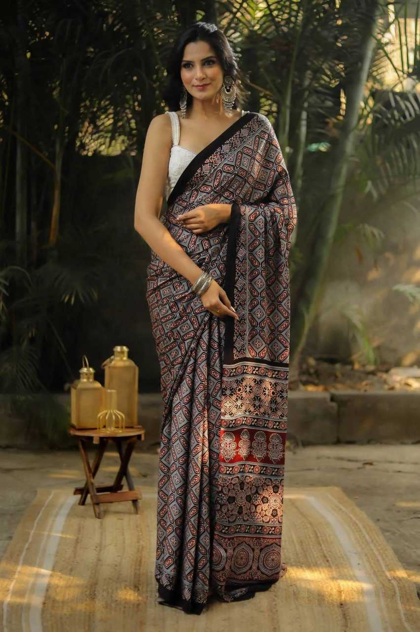 Calviarc Noir Ajrakh Ready-to-Wear Semi Gajji Silk Saree