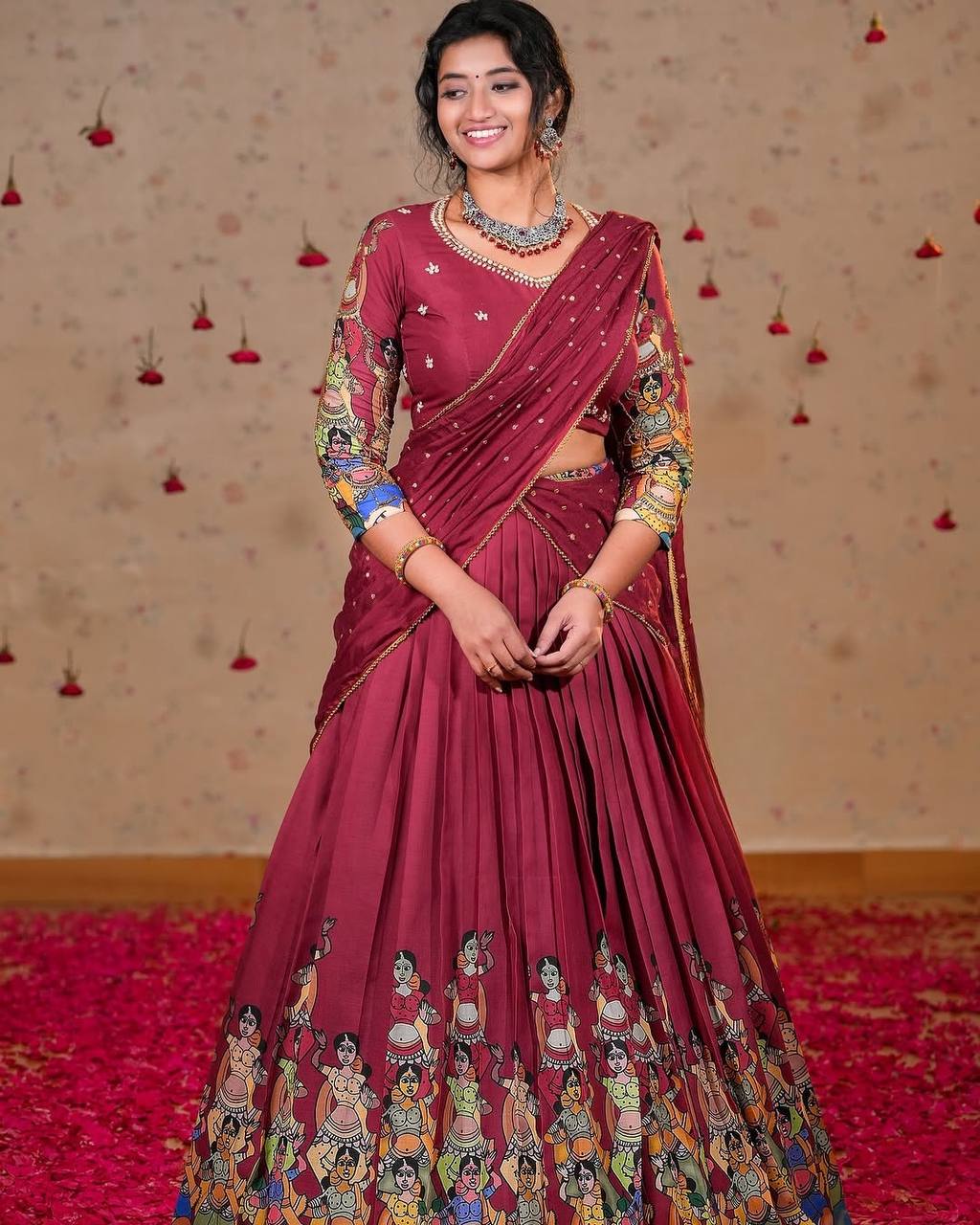 Calviarc Nritya Rasa – Kalamkari Chinon Lehenga Set