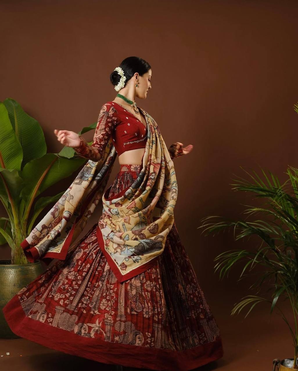 Calviarc Nritya Rasa – Kalamkari Chinon Lehenga Set (Maroon)