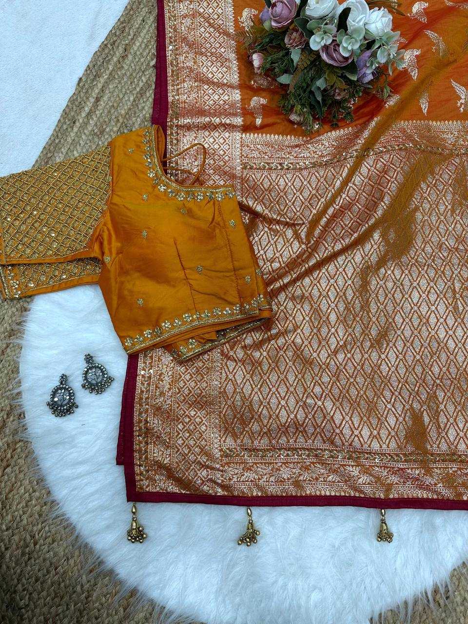 Valmoti Ready-to-Wear Soft Silk Saree in Marigold Orange with Woven Motifs